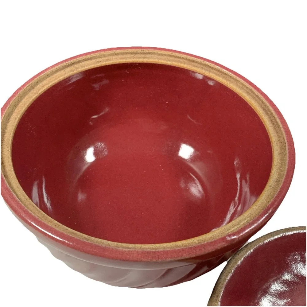 Vintage Bean Pot Casserole Dish Lidded Red Swirl Pottery USA Oven Ware Rustic